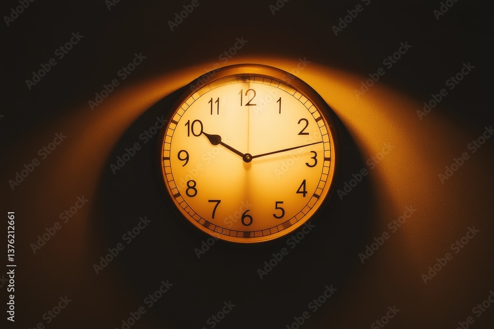 Poster a round clock displaying the time against a textured wall
