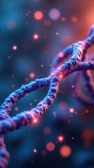 Illustration of a double helix DNA structure with glowing orbs representing nucleotides, featuring the GLP-1 molecule prominently.