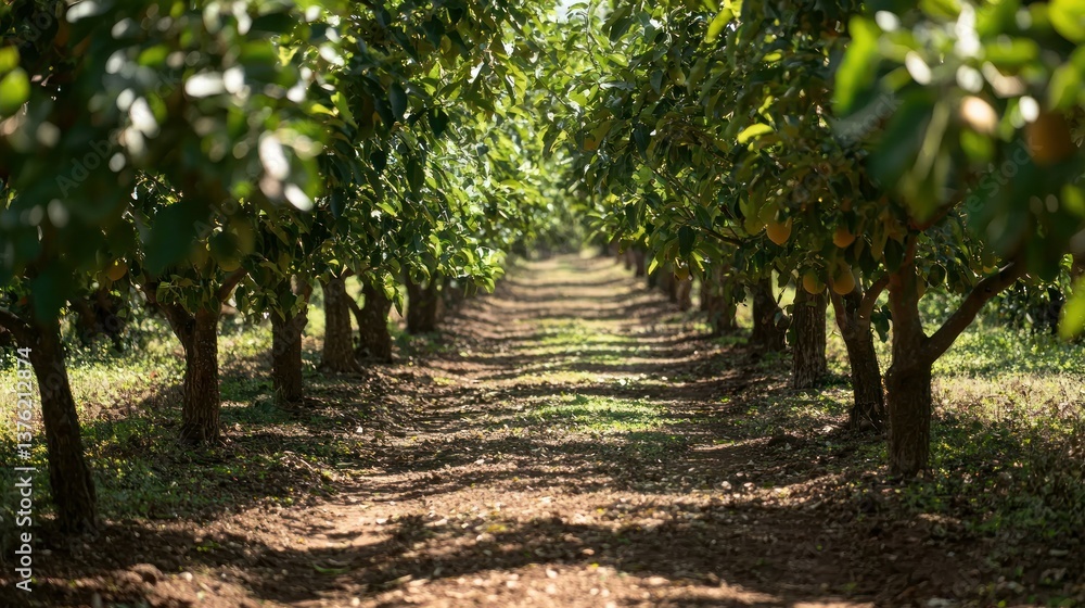 Poster rows of guava trees with their leaves forming a natural canopy, providing shade on a rural path.