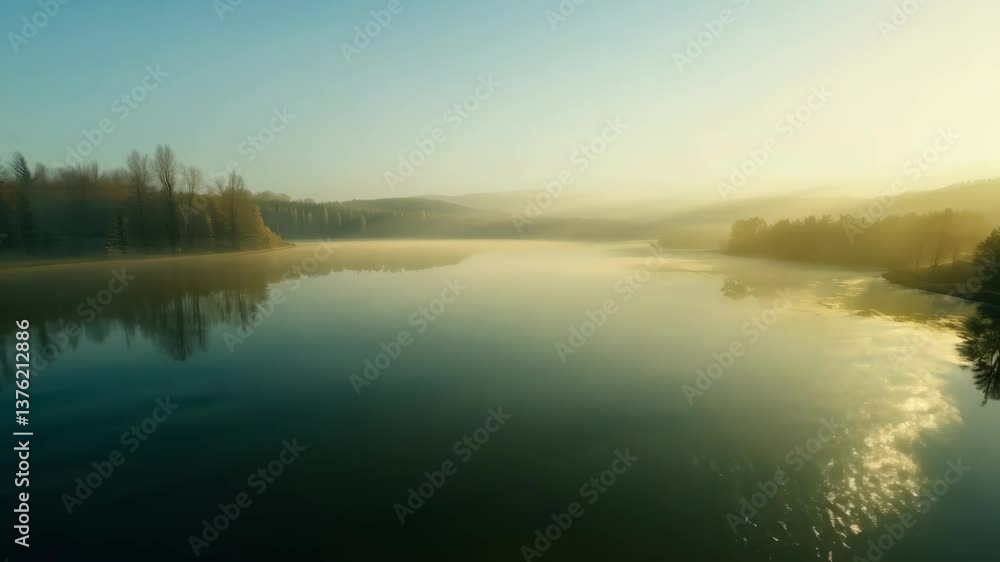 Poster A lake with a foggy mist in the background. The water is calm and still. Trees are visible in the distance