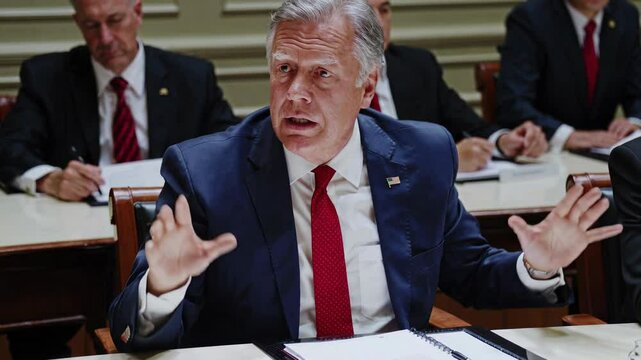Senior politician wearing suit and tie with usa flag pin is speaking and gesturing with hands at a global leaders summit, other politicians are taking notes in background