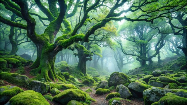 Enchanted Forest Path Moss-Covered Boulders and Ancient Trees in a Mystical, Foggy Grove