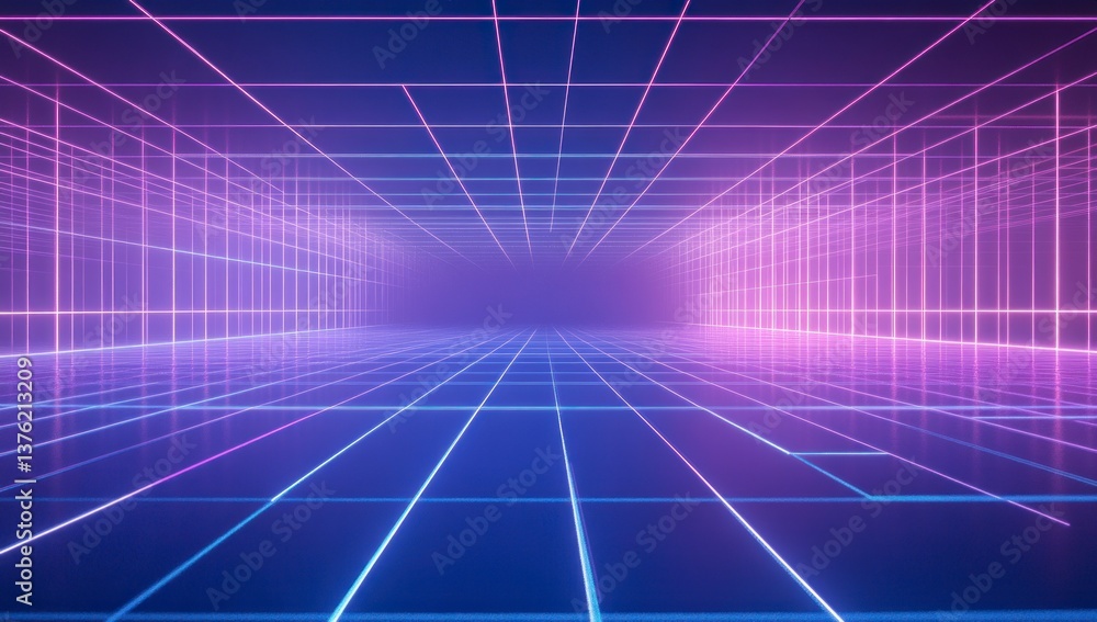Poster abstract neon grid perspective with glowing light lines for backgrounds