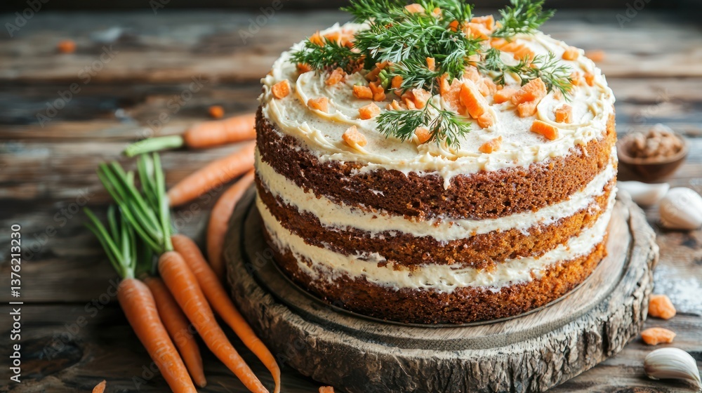 Poster Rustic whole carrot cake with garnish. 