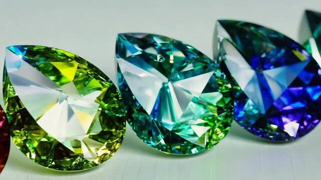 A row of gemstones with different colors. The stones are purple, yellow, green, and blue