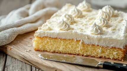 Sheet cake served with a knife 