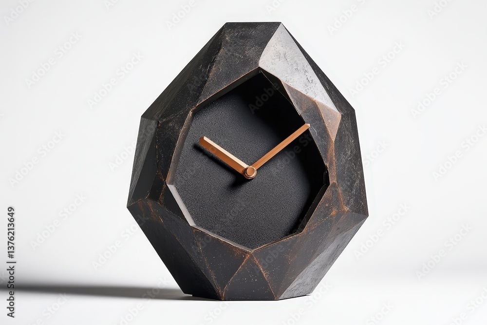 Poster a uniquely designed black clock displaying time on a neutral background