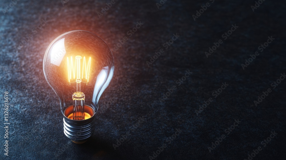 Poster a glowing incandescent light bulb resting on a dark surface perfectly illuminating the intricate fil