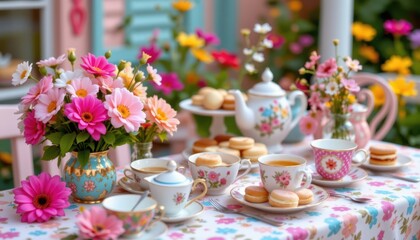 Fototapeta premium Whimsical Tea Party A playful arrangement of colorful tea cups, pastries, and flowers on a table in a vibrant setting.