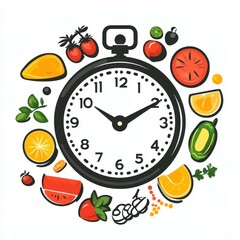 Colorful clock made of fresh fruits and vegetables promoting healthy eating habits and time awareness
