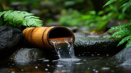 Tranquil bamboo water feature amidst lush greenery.  A serene scene of nature's gentle flow.