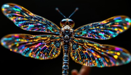 Dragonfly Wings A close up of dragonfly wings shimmering in the light, showcasing iridescent colors and details against a dark background.