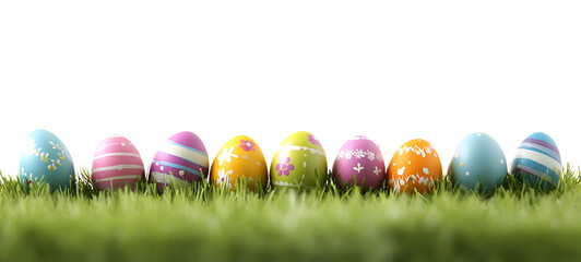 Fototapeta premium Colorful Patterned Easter Eggs in Grass on Transparent Background, Row, Springtime