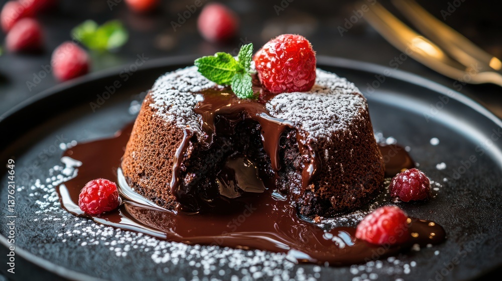 Poster Slice of lava cake showing chocolate flow.