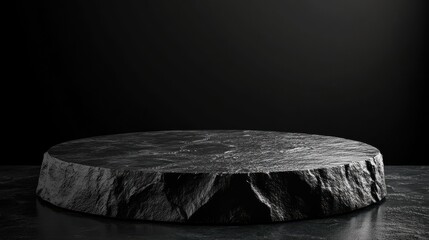Round black stone podium with textured surface, ideal for product placement, set in a dramatic, dark setting illustration