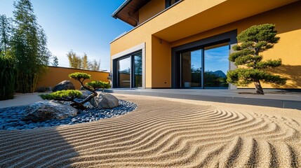 Zen garden exterior design with raked sand and bonsai, modern architecture