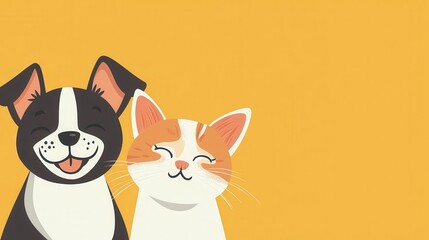 Fototapeta premium Vet banner with pets and copy space for text. Dog and cat smiling with happy expression and closed eyes. Isolated on yellow background illustration