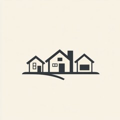 Stylized illustration of three houses on a road with a simple design and muted colors