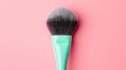 Soft Makeup Brush with Mint Handle on Pink Background – Beauty Tool Close-Up