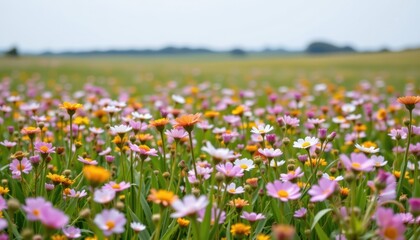 Field of Wildflowers A peaceful landscape with a field of wildflowers in various pastel colors swaying in the breeze.