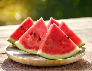 Tasty sliced watermelon on table outdoors- depicts an image of freshly