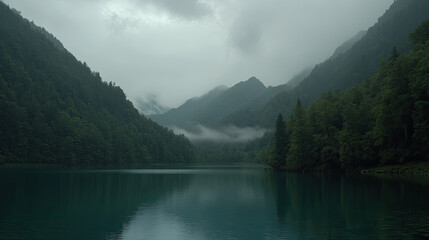 Serene mountain lake shrouded in mist, lush green forests reflecting in calm water, moody atmospheric landscape.