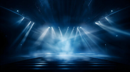 An empty stage bathed in cool blue spotlights, ready for the electrifying performance to begin, creating an atmosphere of anticipation and mystery with a dark, smoky ambiance.