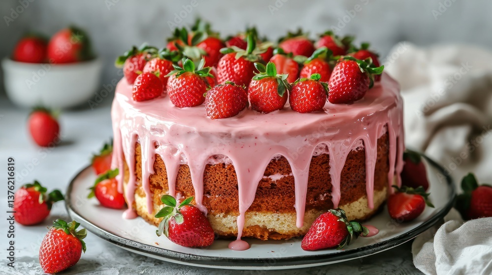 Poster strawberry layer cake topped with glaze.