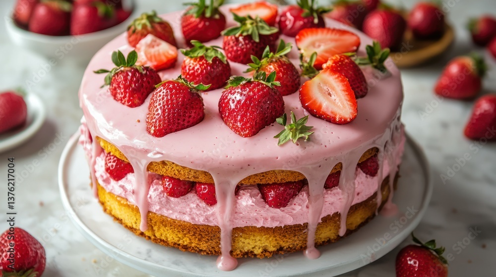 Poster Strawberry layer cake topped with glaze. 