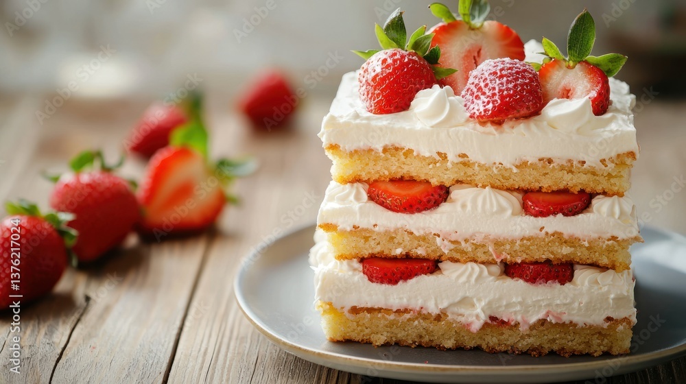 Poster strawberry shortcake with layers of cream.