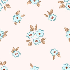 Delicate cute floral vector seamless pattern. Blue flowers on a light pink background. For fabric prints, textile products, summer clothing.
