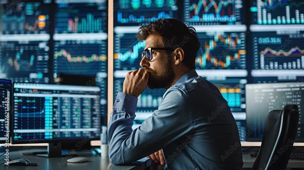 Poster professional analyzing data metrics on multiple screens in a modern office setting with visualizatio