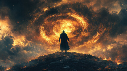 Fototapeta premium Figure Amidst Fiery Storm. A figure stands atop a hill against a dramatic, swirling backdrop of fire and smoke, evoking themes of power and destruction.