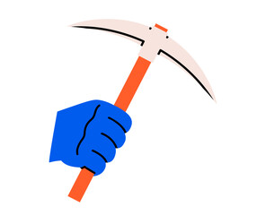Hand drawn cute cartoon illustration of hand holding pickaxe. Flat vector miner or digger tool in arm doodle. Support service hardware icon. Settings or fix problem. Crypto currency sign. Isolated.