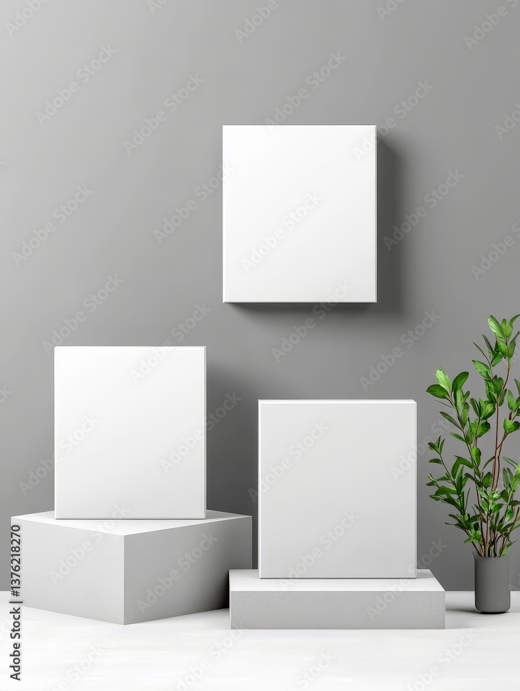 Poster blank boxes and canvas mockup - three blank boxes and a canvas on grey platforms, ideal for product 