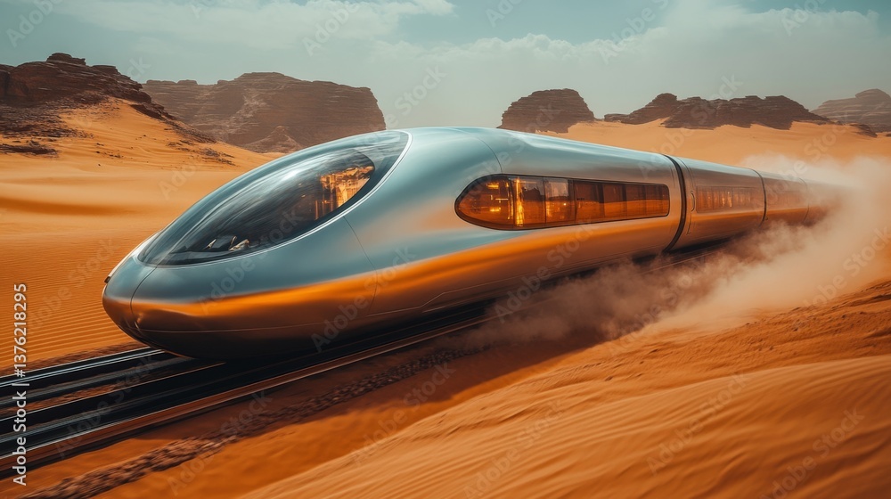 Poster cutting edge train accelerates across sandy terrain, demonstrating innovative automation and smart i