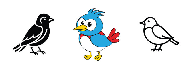 Three Bird Illustrations Silhouette, Cartoon, Outline Designs