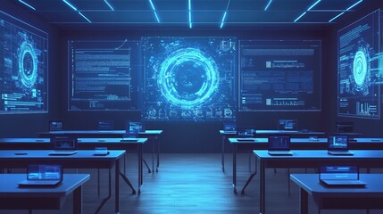 Digital classroom with holographic data visualizations on desks. illustration