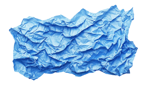 Crumpled blue paper isolated for design element. Background transparent background
