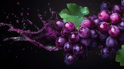 sweet purple grape in juice splash on black panoramic illustration