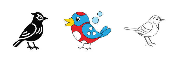 Fototapeta premium Colorful Bird Illustrations Black, Red, Blue, Outline, Design