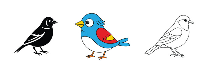Naklejka premium Three Bird Illustrations Silhouetted, Colorful, and Outline Drawings