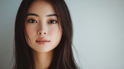 Naklejka premium Captivating close-up portrait of a young woman against a soft, neutral background during natural light