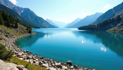 Fototapeta premium Irregular shaped lake with rocky shoreline and distant mountains, clouds, viewpoint