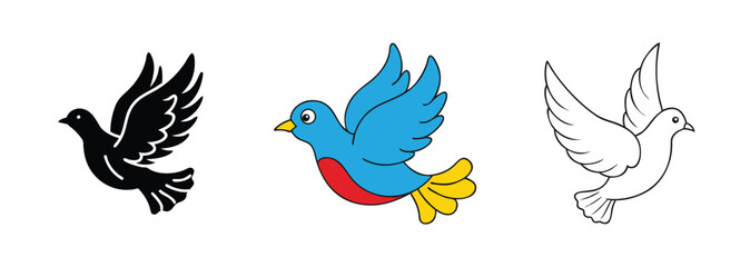 Obraz premium Three Dove Illustrations Black, Blue, and Outline Designs