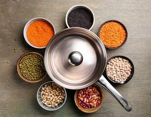 Top view of various leguminous with a cookware