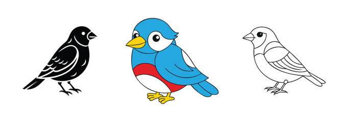 Three Bird Illustrations Silhouette, Colored, and Outline