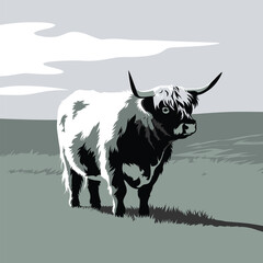 Stylish Highland Cattle Illustration in a Peaceful Landscape