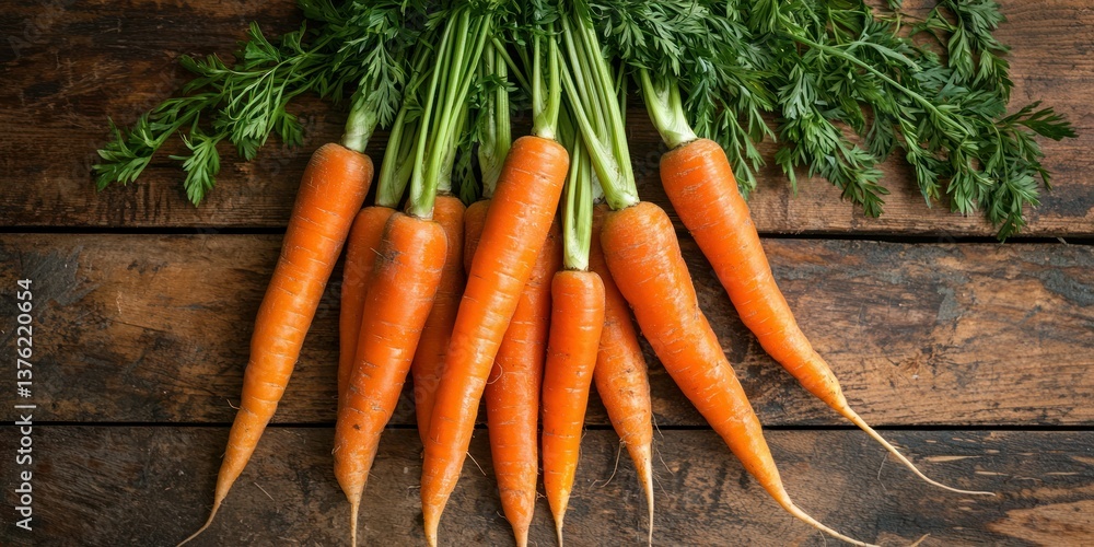 Poster vibrant carrots grouped together in a bunch on rustic table