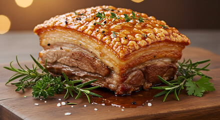 Enticing Glazed Pork Belly with Crispy Crackling and Fresh Herb Garnish